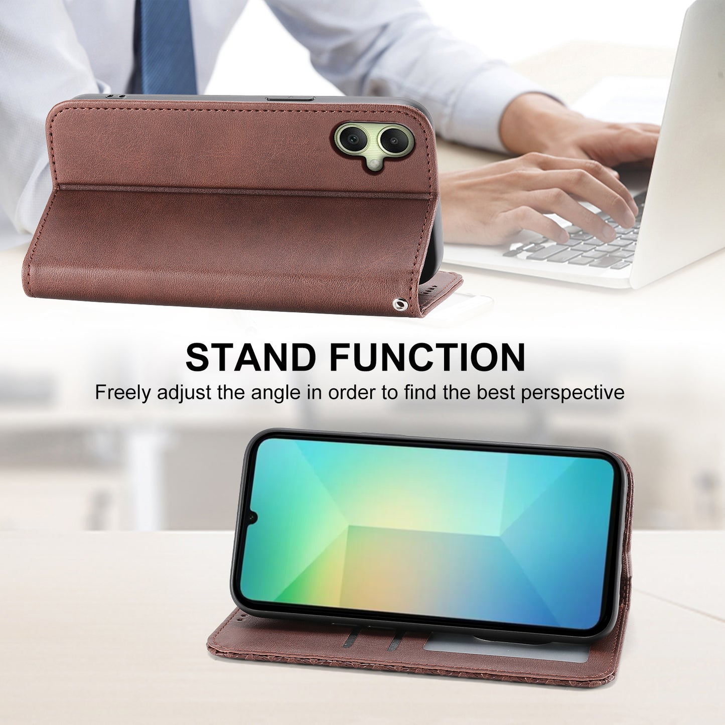 For Samsung Galaxy A06 Case Calf Texture PU Leather Phone Cover with Wallet - Brown