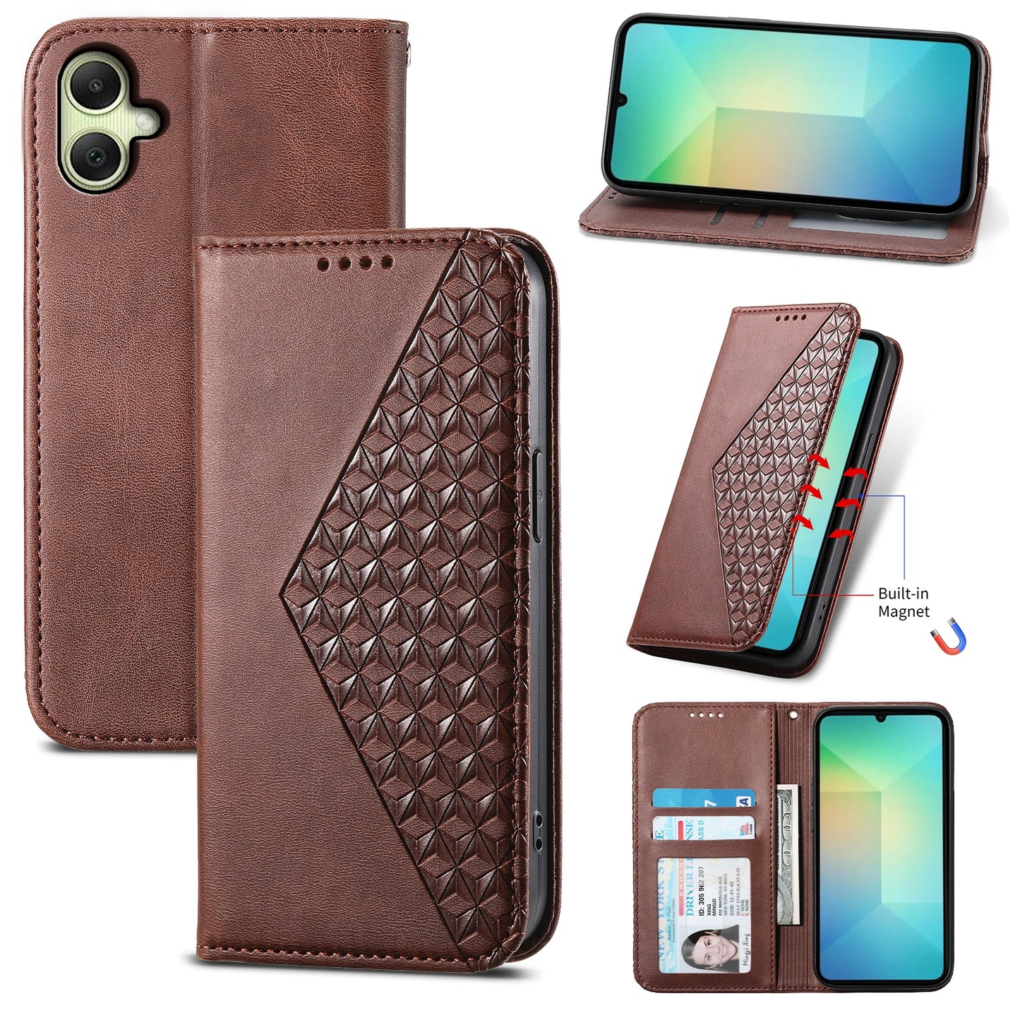 For Samsung Galaxy A06 Case Calf Texture PU Leather Phone Cover with Wallet - Brown