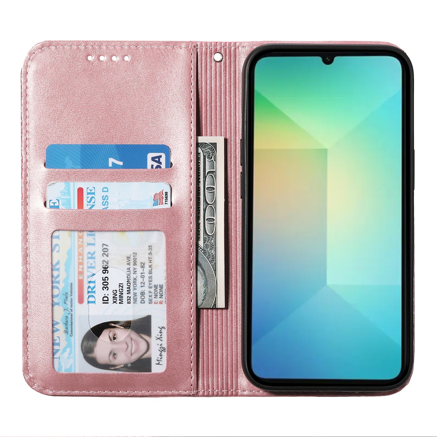For Samsung Galaxy A06 Case Calf Texture PU Leather Phone Cover with Wallet - Rose Gold