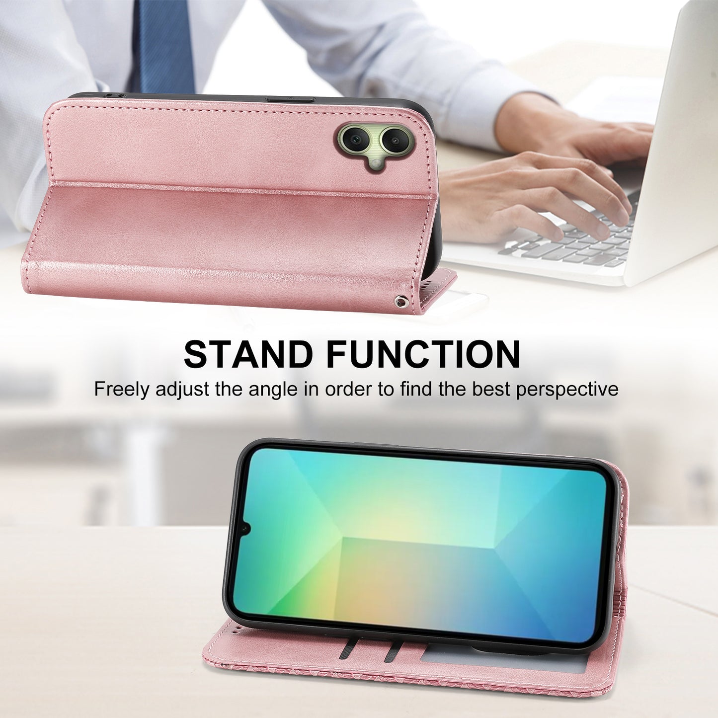 For Samsung Galaxy A06 Case Calf Texture PU Leather Phone Cover with Wallet - Rose Gold