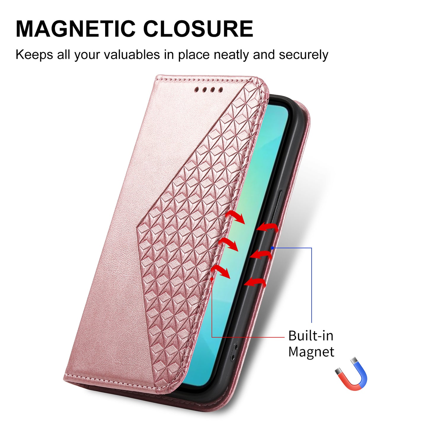 For Samsung Galaxy A06 Case Calf Texture PU Leather Phone Cover with Wallet - Rose Gold