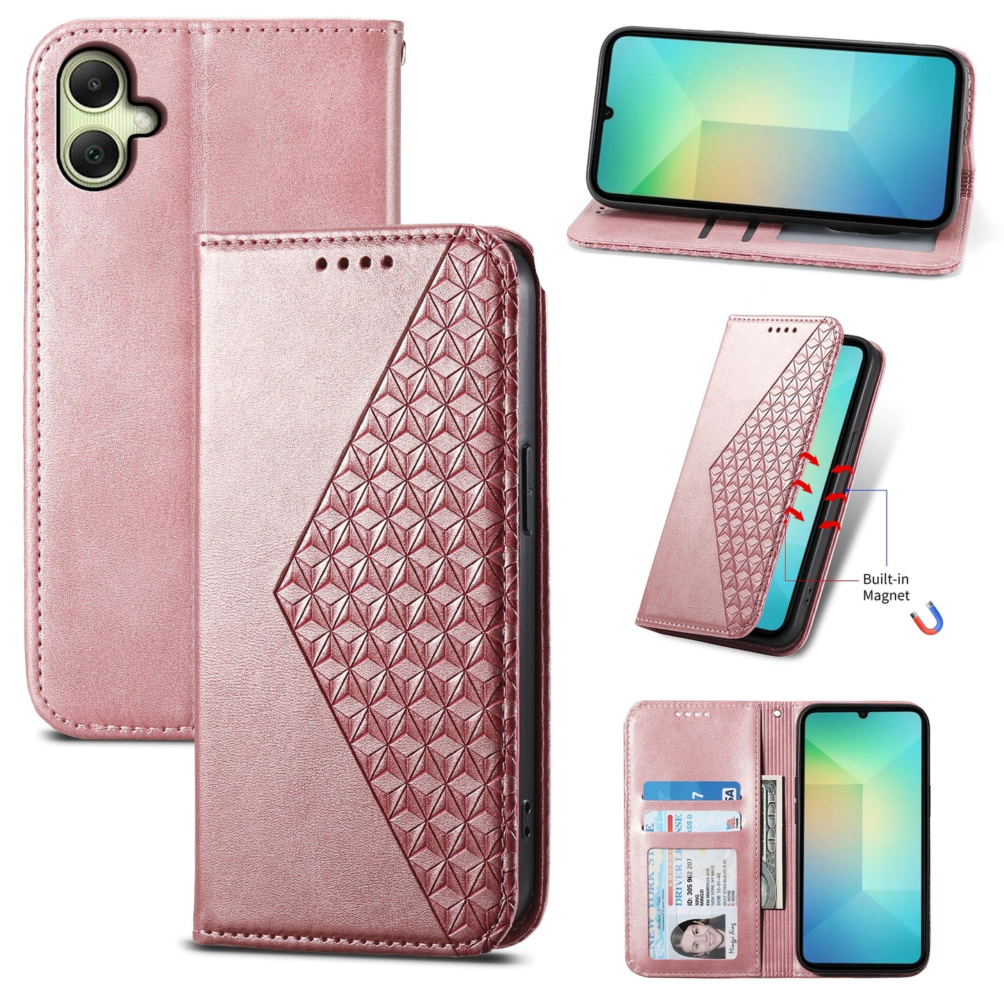 For Samsung Galaxy A06 Case Calf Texture PU Leather Phone Cover with Wallet - Rose Gold