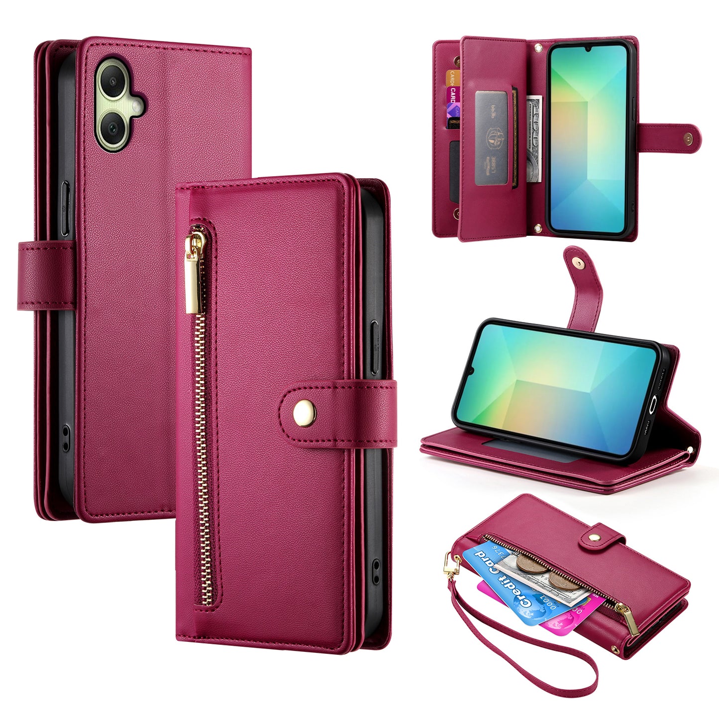 DF-011 For Samsung Galaxy A06 Case Zipper Pocket Wallet Leather Phone Cover with Straps - Red