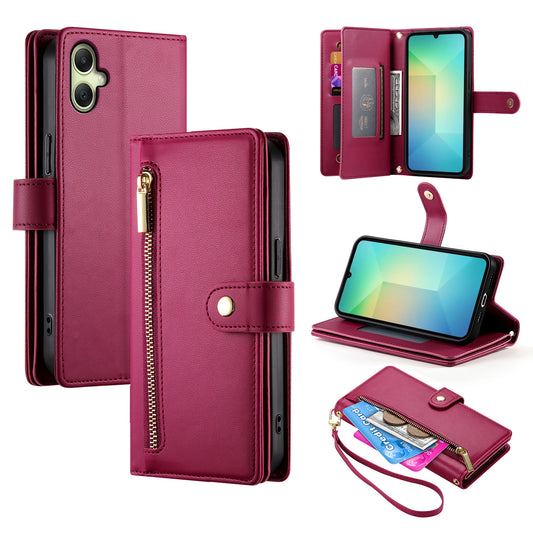 DF-011 For Samsung Galaxy A06 Case Zipper Pocket Wallet Leather Phone Cover with Straps - Red