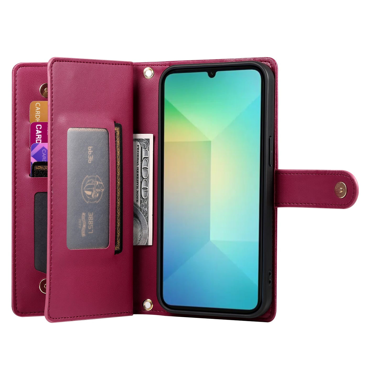 DF-011 For Samsung Galaxy A06 Case Zipper Pocket Wallet Leather Phone Cover with Straps - Red