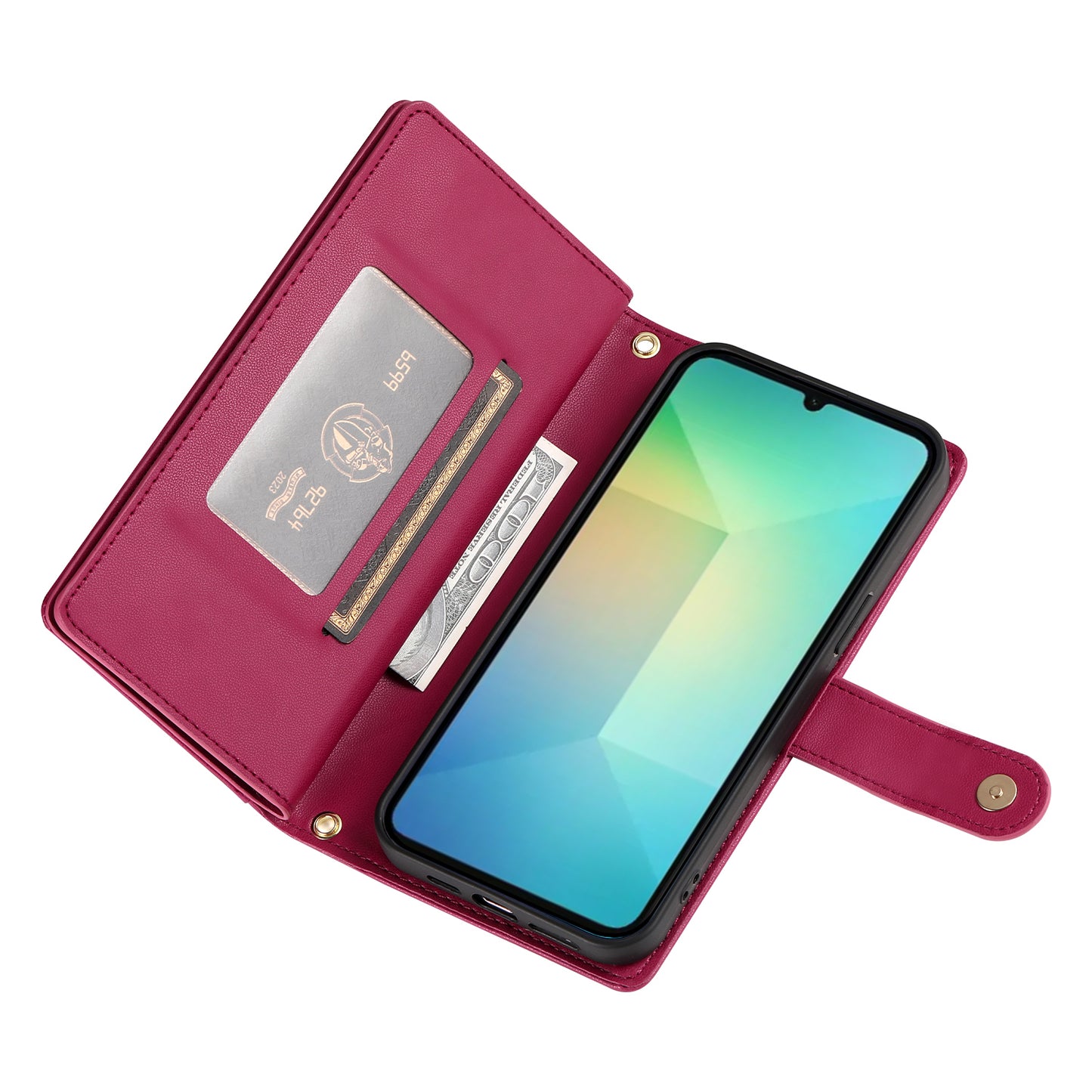 DF-011 For Samsung Galaxy A06 Case Zipper Pocket Wallet Leather Phone Cover with Straps - Red