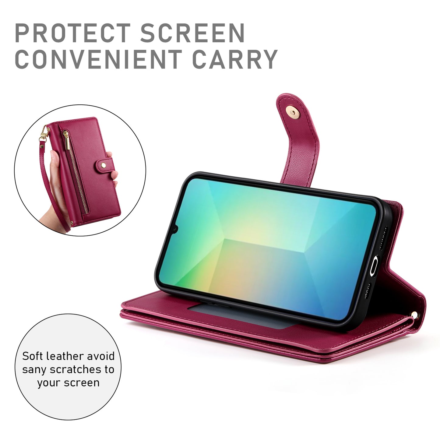 DF-011 For Samsung Galaxy A06 Case Zipper Pocket Wallet Leather Phone Cover with Straps - Red