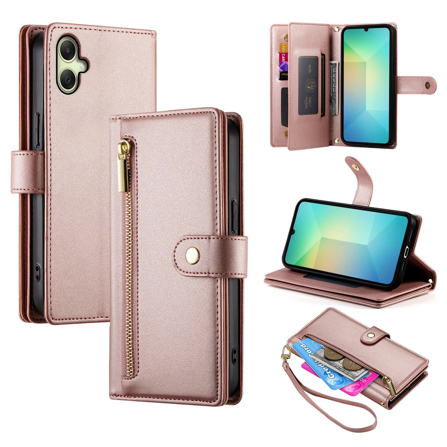 DF-011 For Samsung Galaxy A06 Case Zipper Pocket Wallet Leather Phone Cover with Straps - Pink