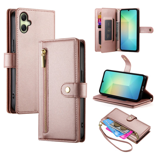 DF-011 For Samsung Galaxy A06 Case Zipper Pocket Wallet Leather Phone Cover with Straps - Pink