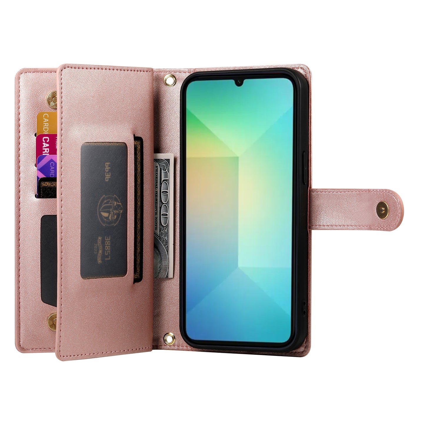 DF-011 For Samsung Galaxy A06 Case Zipper Pocket Wallet Leather Phone Cover with Straps - Pink