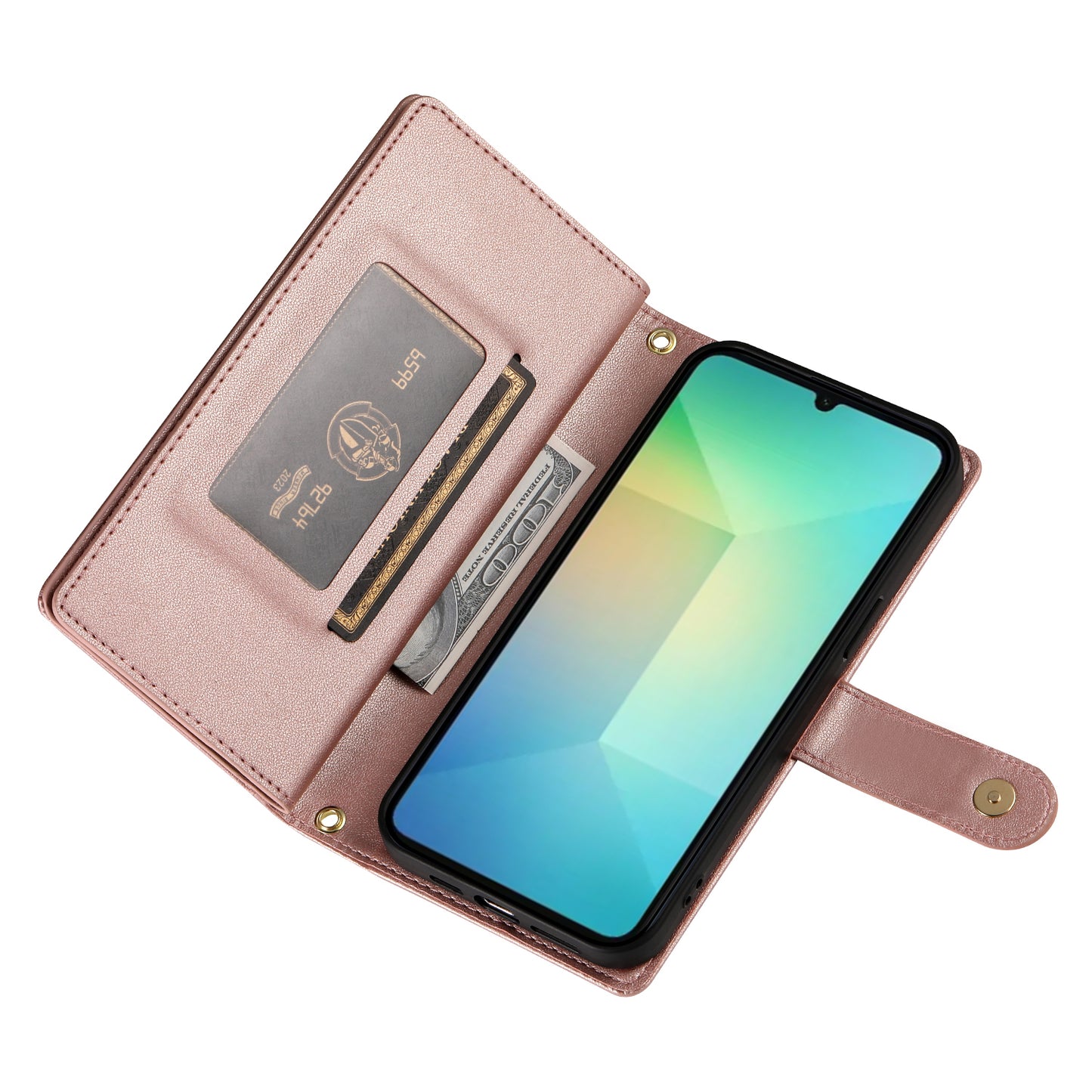 DF-011 For Samsung Galaxy A06 Case Zipper Pocket Wallet Leather Phone Cover with Straps - Pink