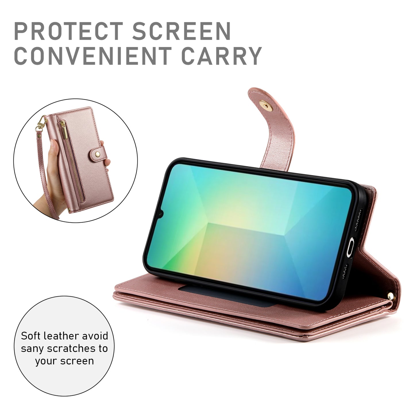 DF-011 For Samsung Galaxy A06 Case Zipper Pocket Wallet Leather Phone Cover with Straps - Pink