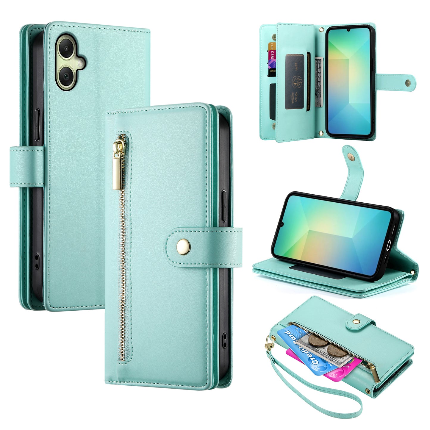 DF-011 For Samsung Galaxy A06 Case Zipper Pocket Wallet Leather Phone Cover with Straps - Mint Green