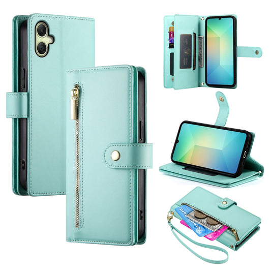 DF-011 For Samsung Galaxy A06 Case Zipper Pocket Wallet Leather Phone Cover with Straps - Mint Green