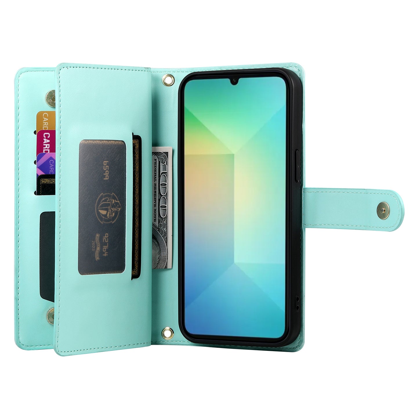 DF-011 For Samsung Galaxy A06 Case Zipper Pocket Wallet Leather Phone Cover with Straps - Mint Green