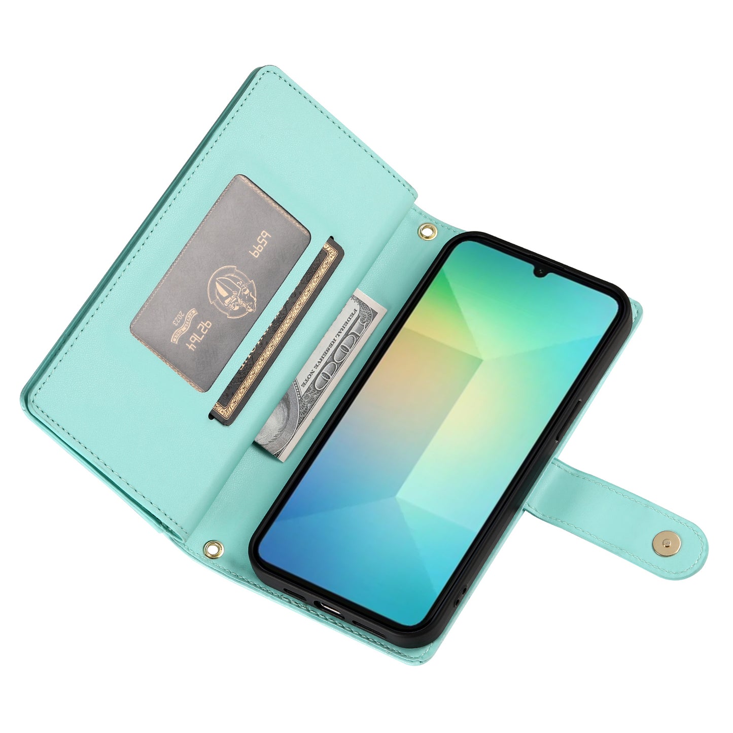 DF-011 For Samsung Galaxy A06 Case Zipper Pocket Wallet Leather Phone Cover with Straps - Mint Green