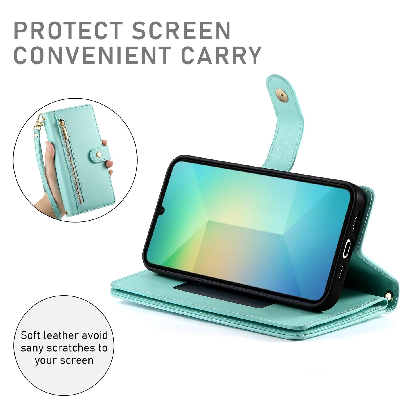 DF-011 For Samsung Galaxy A06 Case Zipper Pocket Wallet Leather Phone Cover with Straps - Mint Green