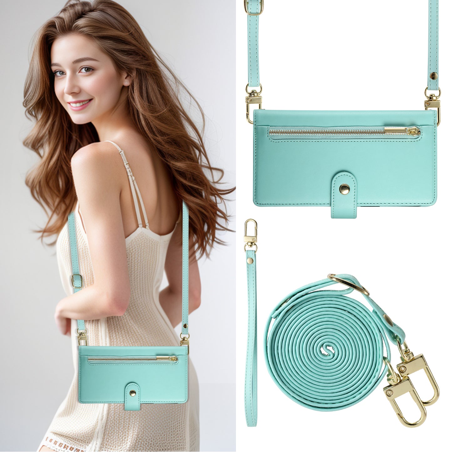 DF-011 For Samsung Galaxy A06 Case Zipper Pocket Wallet Leather Phone Cover with Straps - Mint Green