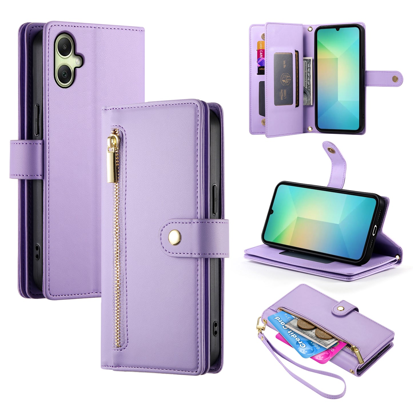 DF-011 For Samsung Galaxy A06 Case Zipper Pocket Wallet Leather Phone Cover with Straps - Purple