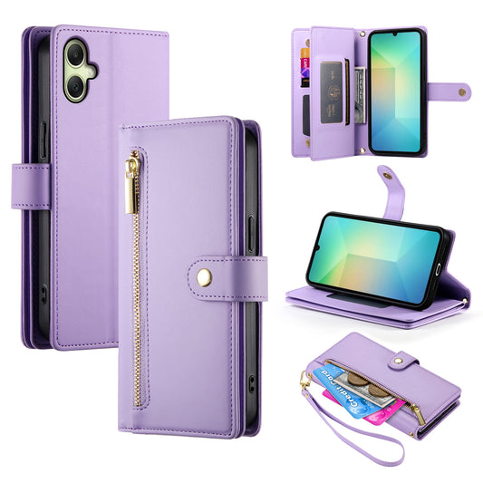 DF-011 For Samsung Galaxy A06 Case Zipper Pocket Wallet Leather Phone Cover with Straps - Purple