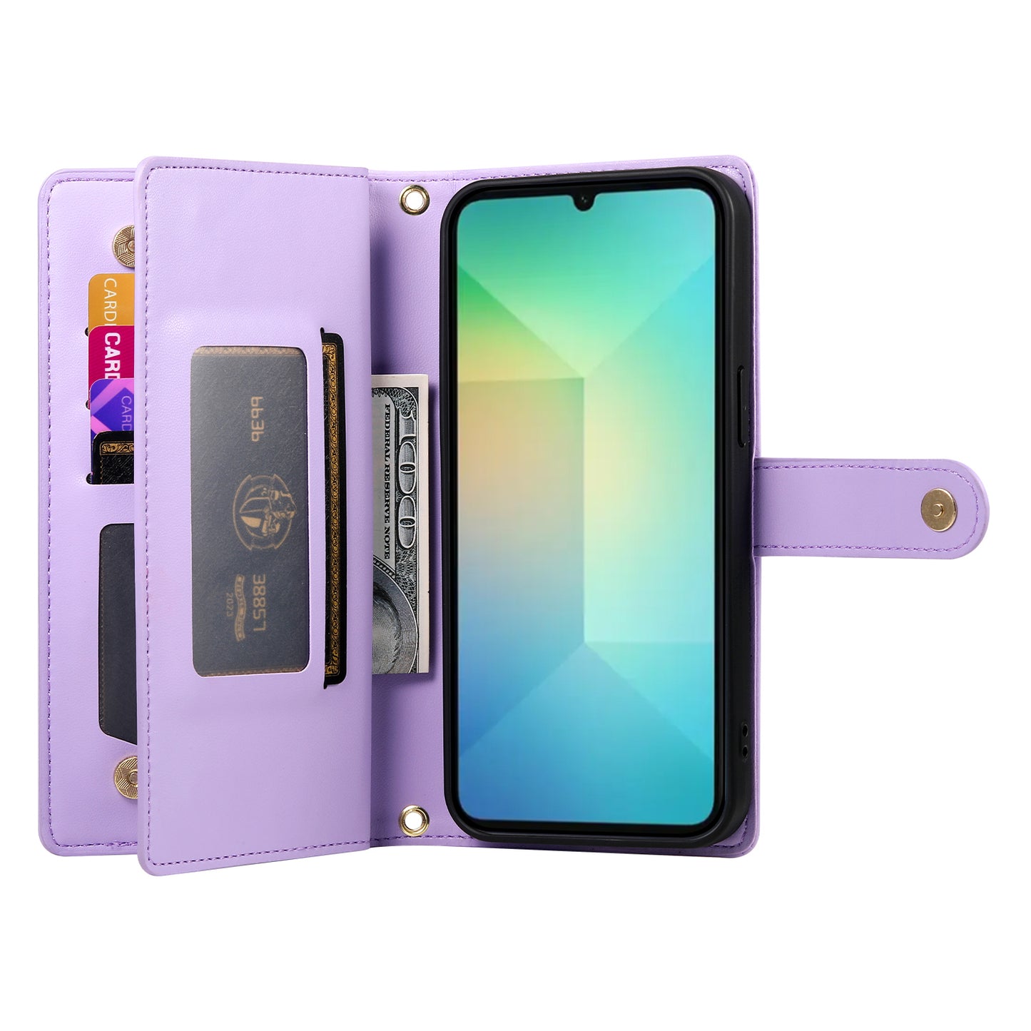 DF-011 For Samsung Galaxy A06 Case Zipper Pocket Wallet Leather Phone Cover with Straps - Purple