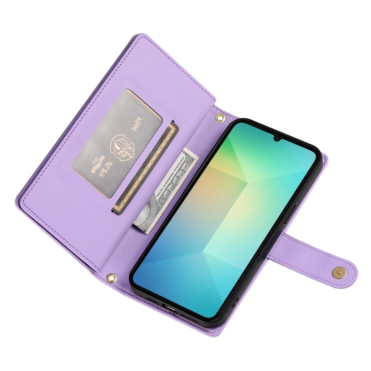 DF-011 For Samsung Galaxy A06 Case Zipper Pocket Wallet Leather Phone Cover with Straps - Purple