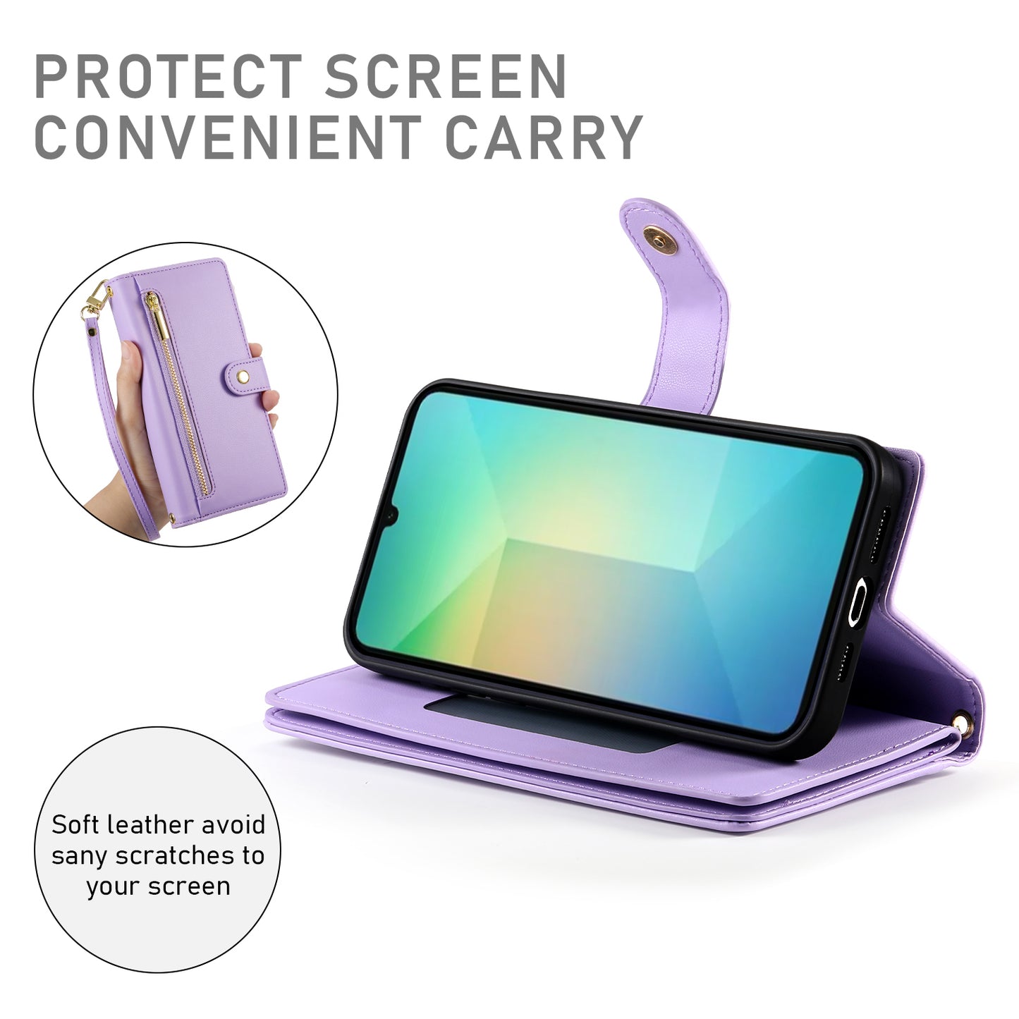 DF-011 For Samsung Galaxy A06 Case Zipper Pocket Wallet Leather Phone Cover with Straps - Purple