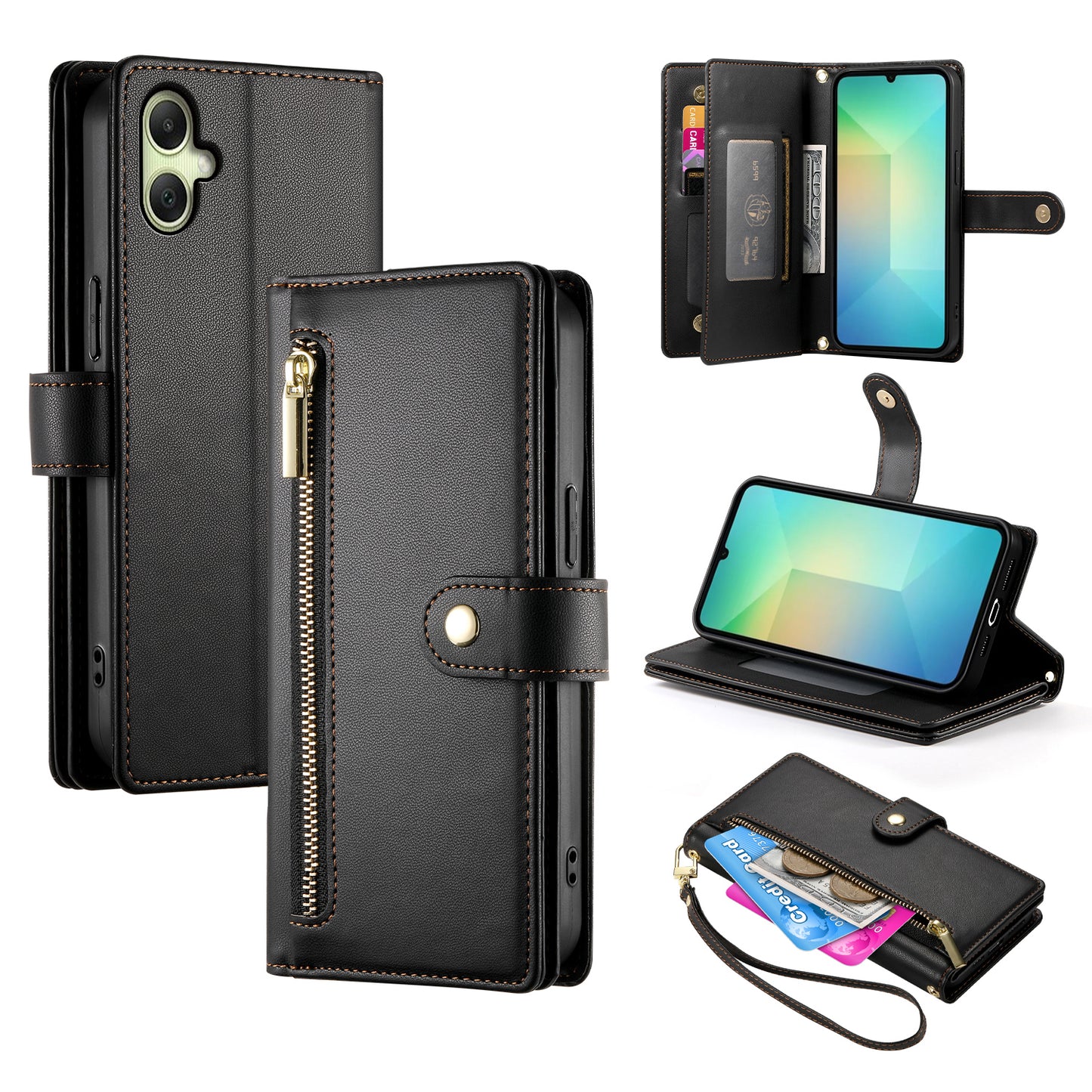 DF-011 For Samsung Galaxy A06 Case Zipper Pocket Wallet Leather Phone Cover with Straps - Black
