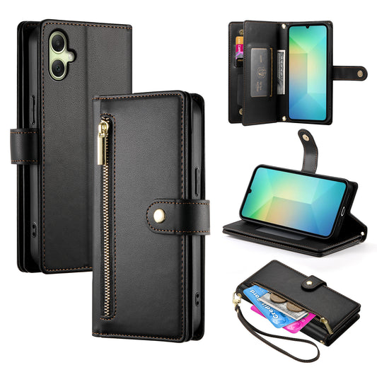 DF-011 For Samsung Galaxy A06 Case Zipper Pocket Wallet Leather Phone Cover with Straps - Black