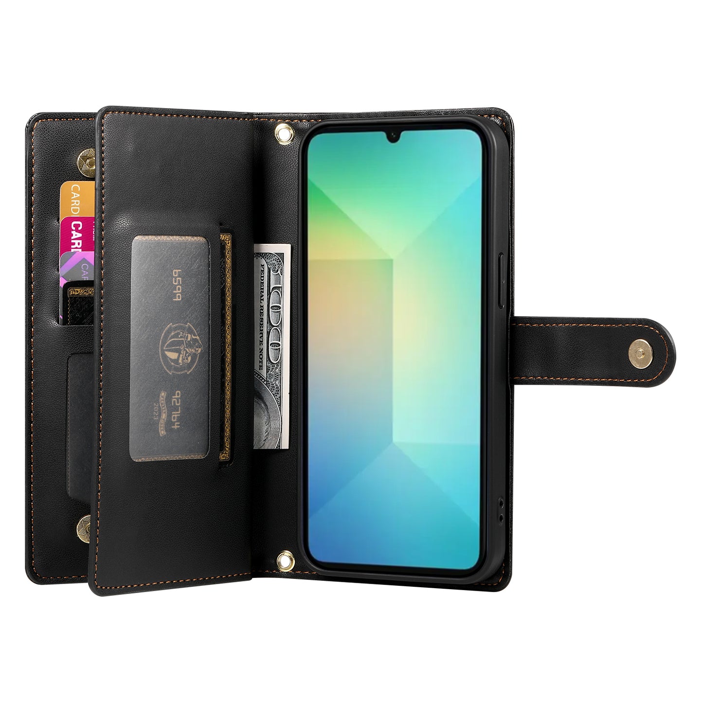 DF-011 For Samsung Galaxy A06 Case Zipper Pocket Wallet Leather Phone Cover with Straps - Black