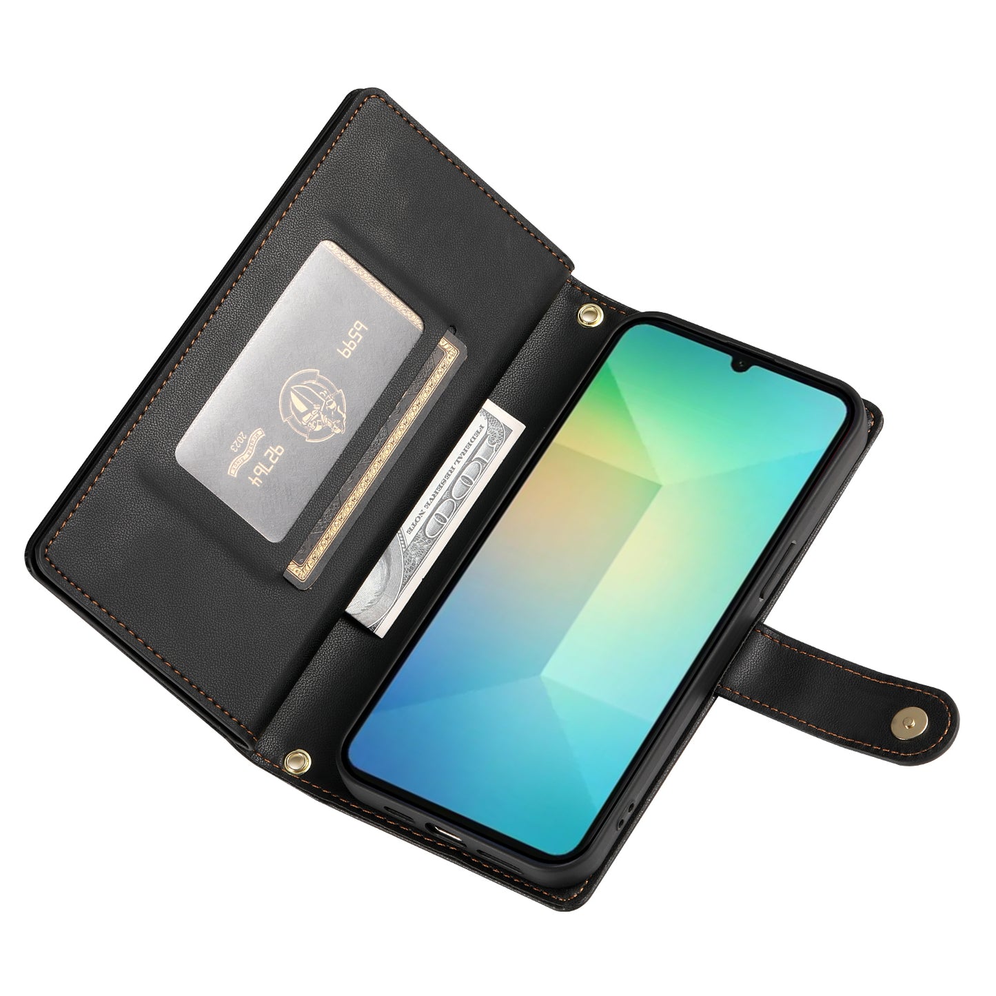 DF-011 For Samsung Galaxy A06 Case Zipper Pocket Wallet Leather Phone Cover with Straps - Black