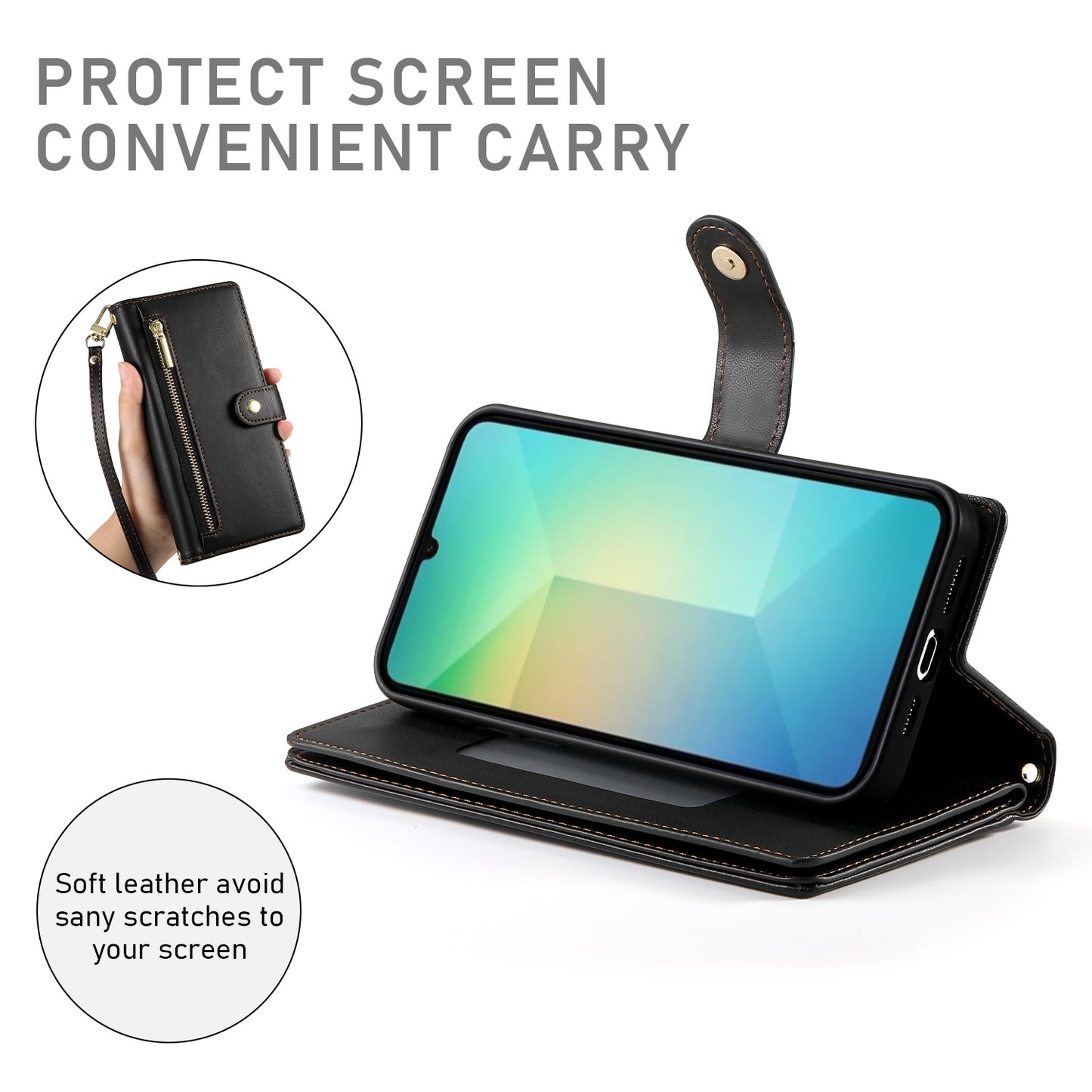 DF-011 For Samsung Galaxy A06 Case Zipper Pocket Wallet Leather Phone Cover with Straps - Black