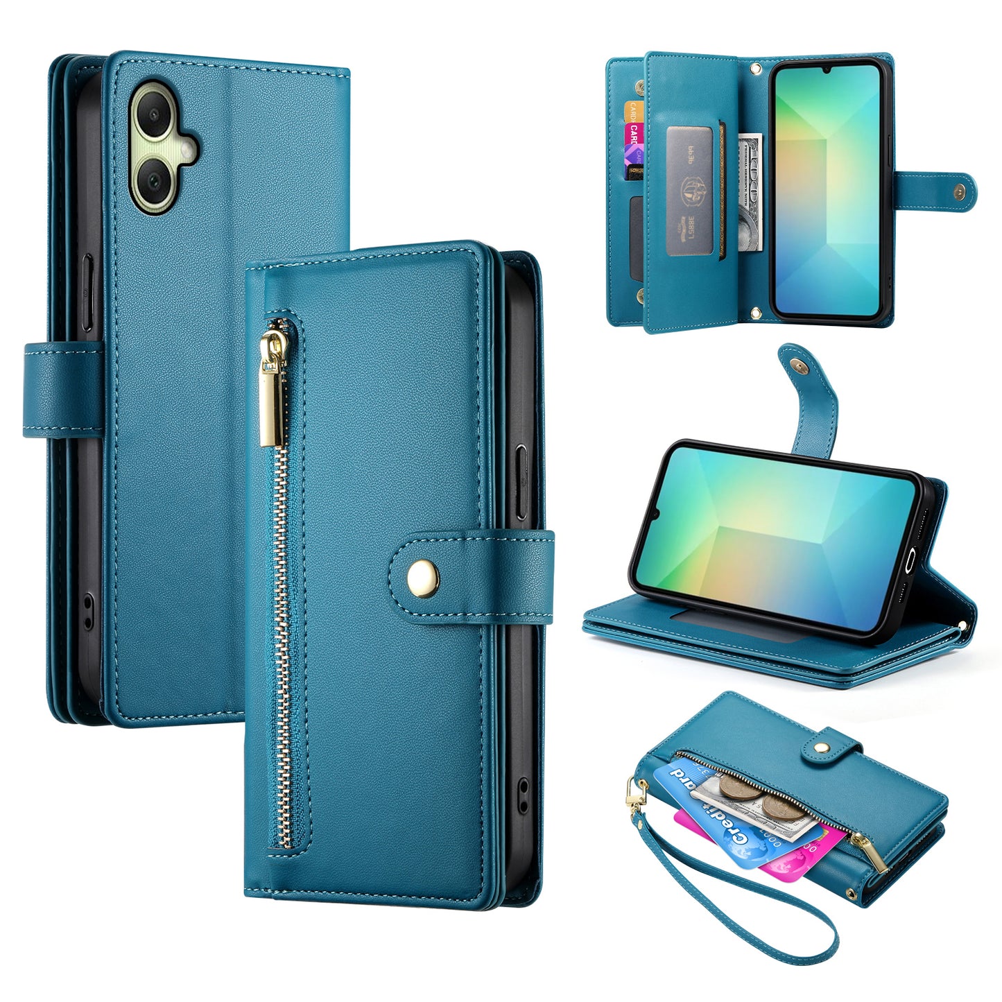 DF-011 For Samsung Galaxy A06 Case Zipper Pocket Wallet Leather Phone Cover with Straps - Blue