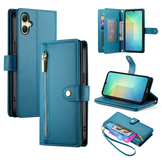 DF-011 For Samsung Galaxy A06 Case Zipper Pocket Wallet Leather Phone Cover with Straps - Blue