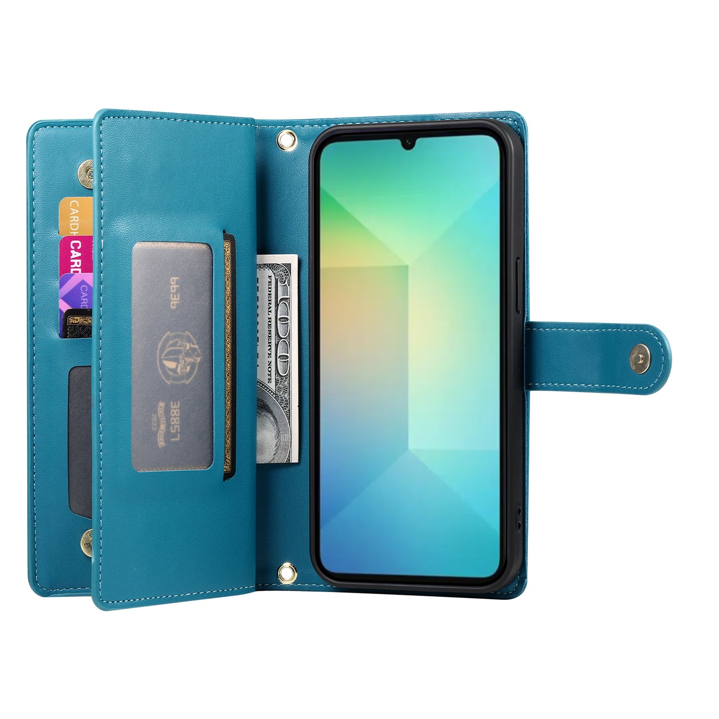 DF-011 For Samsung Galaxy A06 Case Zipper Pocket Wallet Leather Phone Cover with Straps - Blue