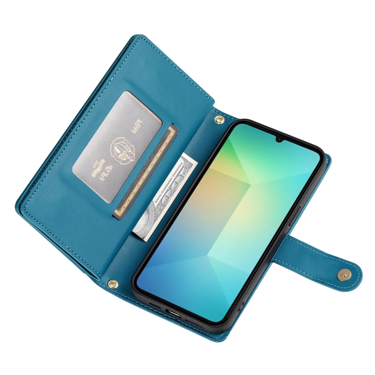 DF-011 For Samsung Galaxy A06 Case Zipper Pocket Wallet Leather Phone Cover with Straps - Blue