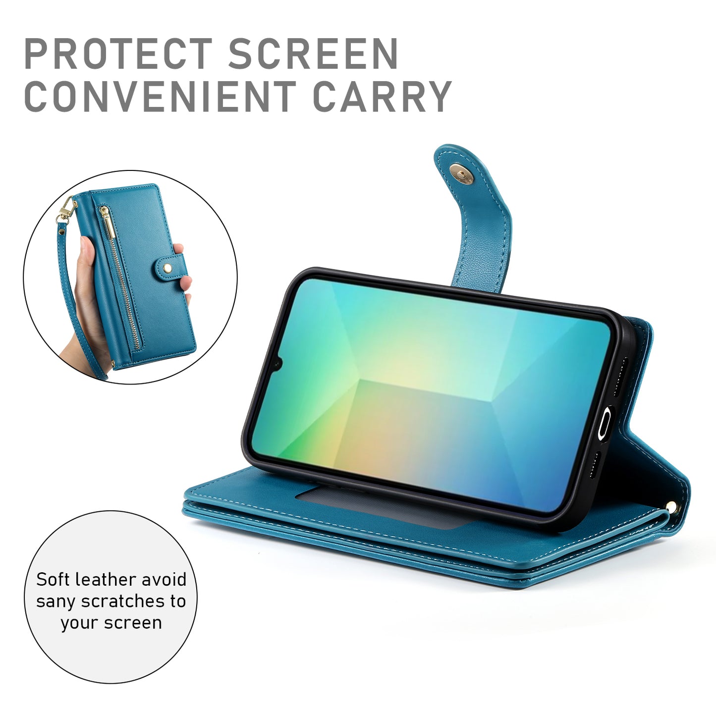 DF-011 For Samsung Galaxy A06 Case Zipper Pocket Wallet Leather Phone Cover with Straps - Blue