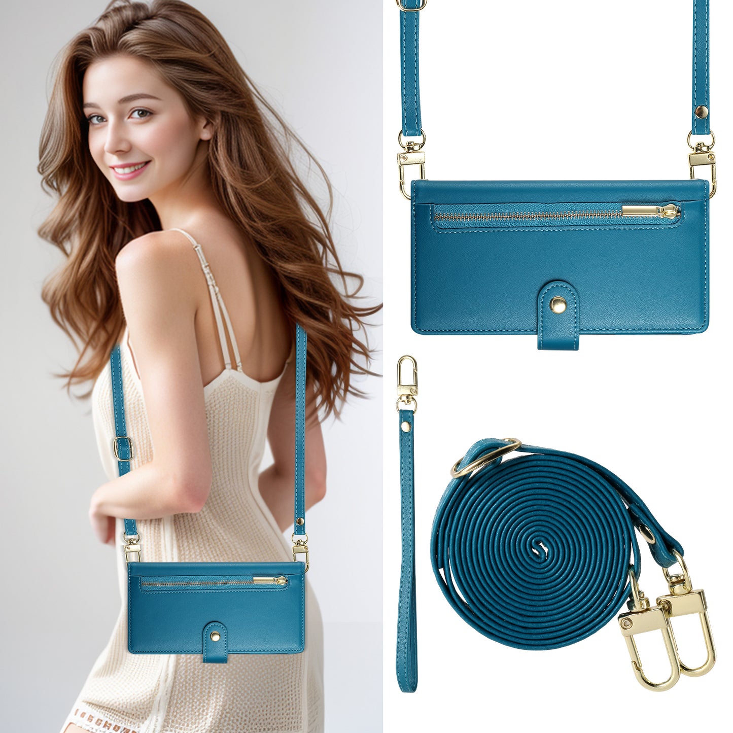 DF-011 For Samsung Galaxy A06 Case Zipper Pocket Wallet Leather Phone Cover with Straps - Blue