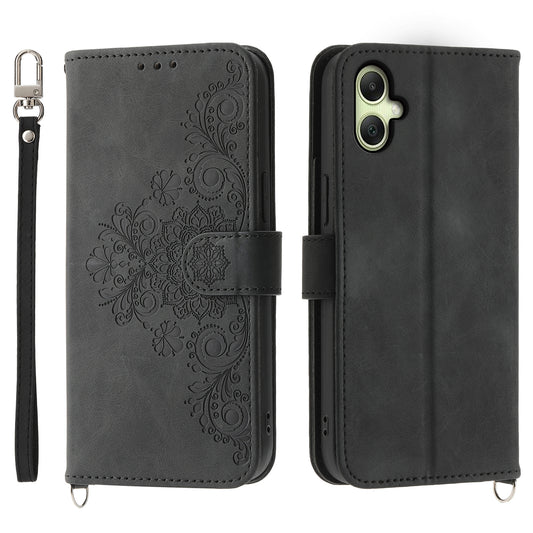 For Samsung Galaxy A06 Case Flower Pattern PU Leather Wallet Phone Cover with Strap - Black