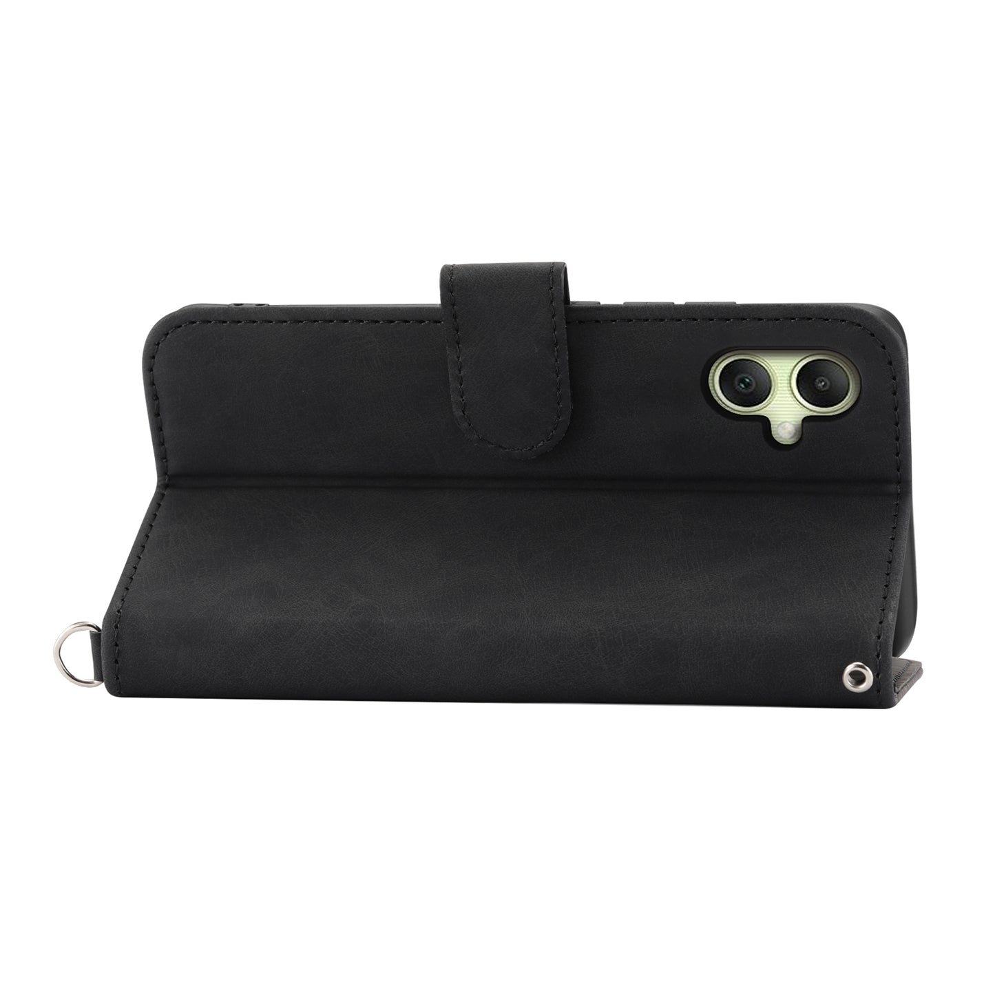 For Samsung Galaxy A06 Case Flower Pattern PU Leather Wallet Phone Cover with Strap - Black