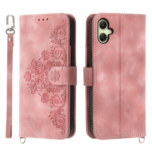 For Samsung Galaxy A06 Case Flower Pattern PU Leather Wallet Phone Cover with Strap - Pink