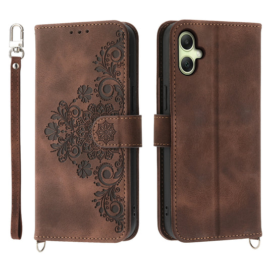 For Samsung Galaxy A06 Case Flower Pattern PU Leather Wallet Phone Cover with Strap - Brown