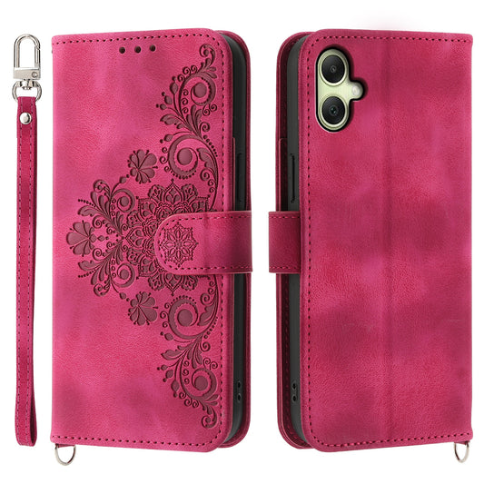 For Samsung Galaxy A06 Case Flower Pattern PU Leather Wallet Phone Cover with Strap - Wine Red