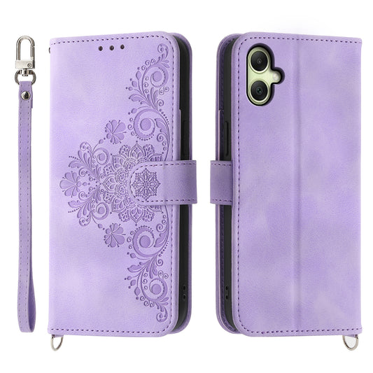 For Samsung Galaxy A06 Case Flower Pattern PU Leather Wallet Phone Cover with Strap - Light Purple