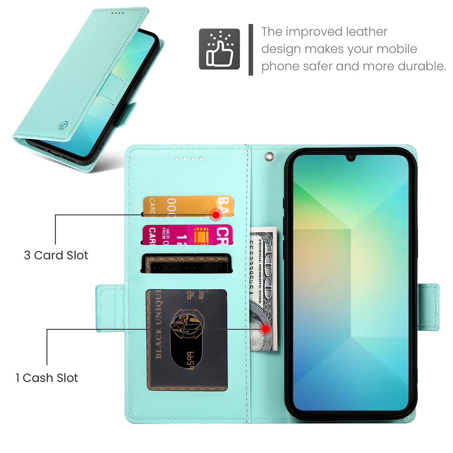DF-010 For Samsung Galaxy A06 Stand Case PU Leather Wallet Phone Cover - Mint Green