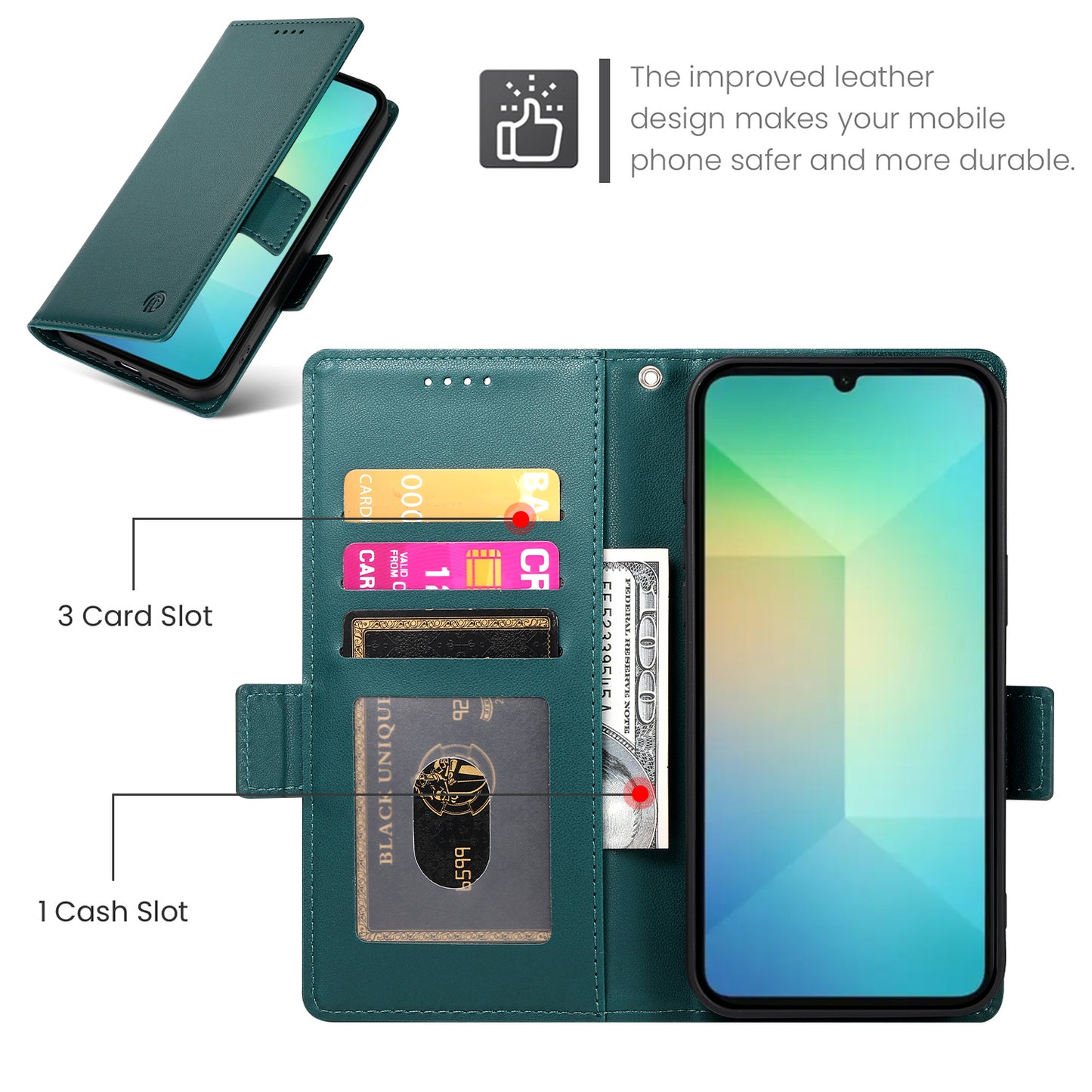 DF-010 For Samsung Galaxy A06 Stand Case PU Leather Wallet Phone Cover - Blackish Green