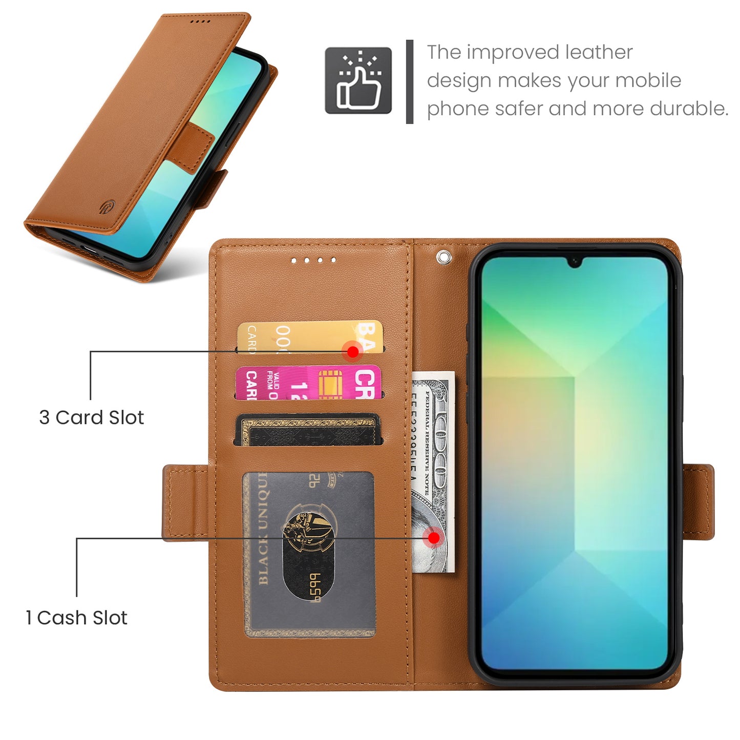 DF-010 For Samsung Galaxy A06 Stand Case PU Leather Wallet Phone Cover - Brown