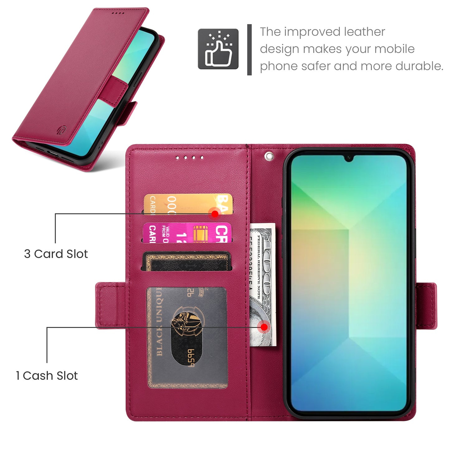 DF-010 For Samsung Galaxy A06 Stand Case PU Leather Wallet Phone Cover - Wine Red