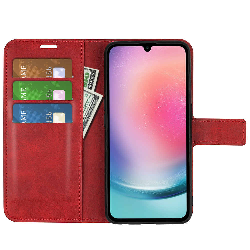 For Samsung Galaxy A16 5G / A16 4G Stand Case Anti-Scratch Calf Texture Leather Phone Cover - Red