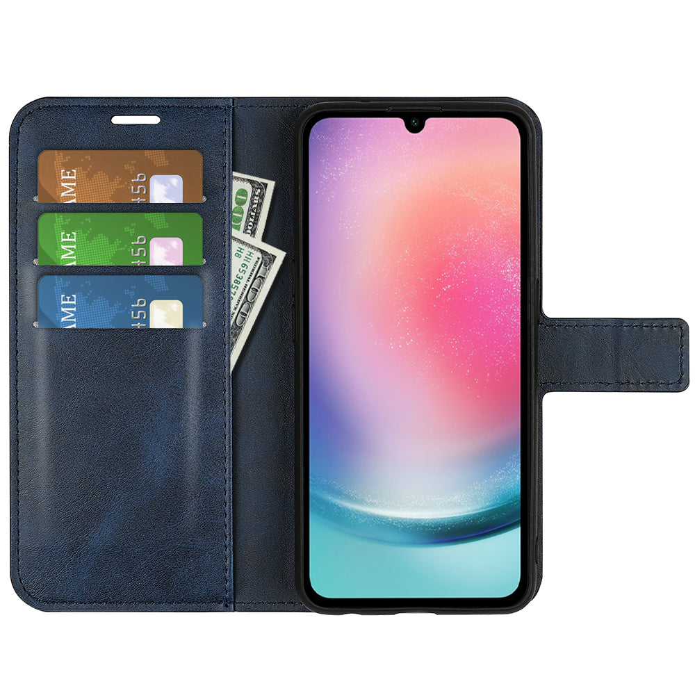 For Samsung Galaxy A16 5G / A16 4G Stand Case Anti-Scratch Calf Texture Leather Phone Cover - Blue